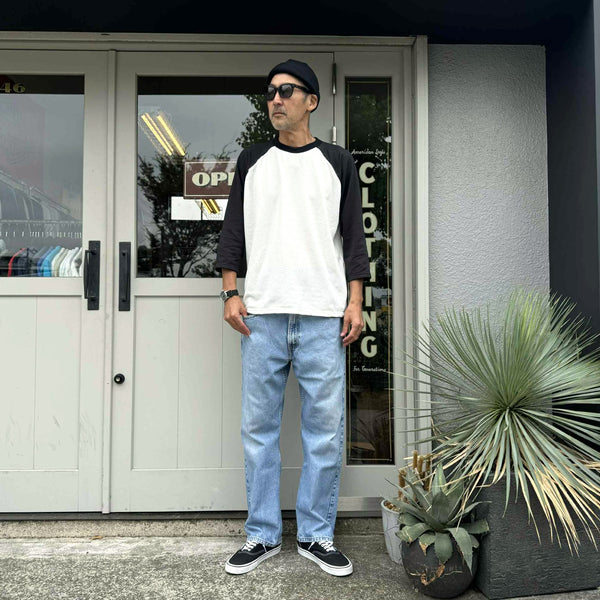 melple - GRID BASEBALL 4/5 SLEEVE - WHITE-BLACK