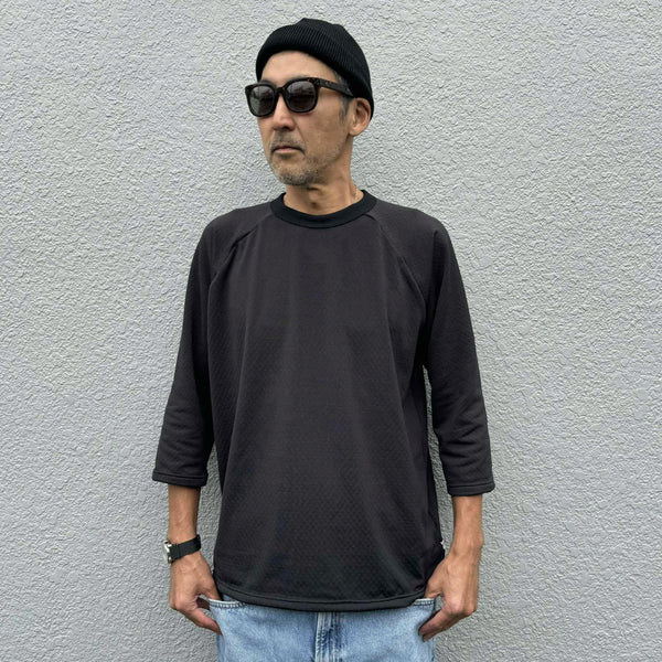 melple - GRID BASEBALL 4/5 SLEEVE - BLACK-BLACK