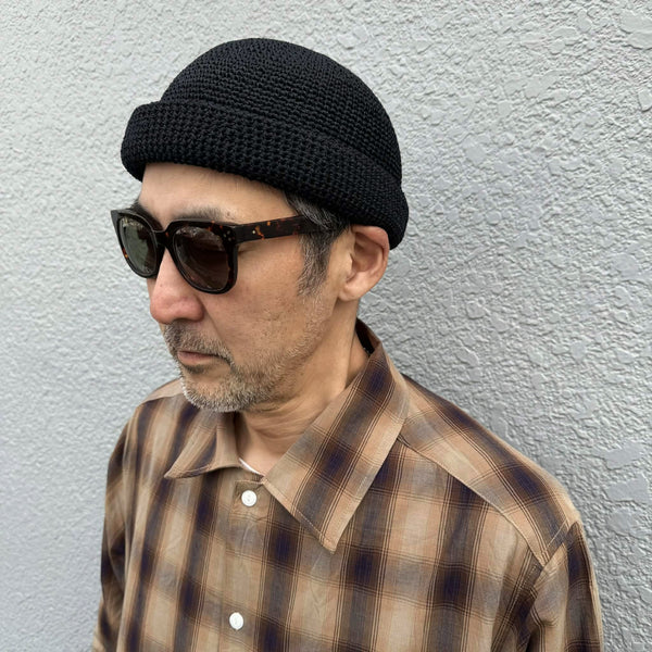 RACAL - LINEN TOUCH COTTON HAND KNIT ROLL CAP - BLACK