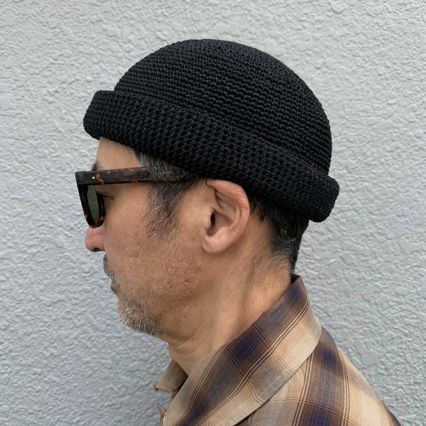 RACAL - LINEN TOUCH COTTON HAND KNIT ROLL CAP - BLACK