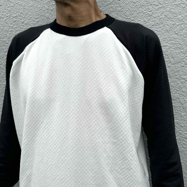 melple - GRID BASEBALL 4/5 SLEEVE - WHITE-BLACK