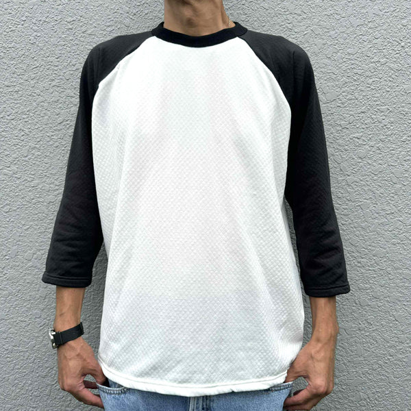 melple - GRID BASEBALL 4/5 SLEEVE - WHITE-BLACK