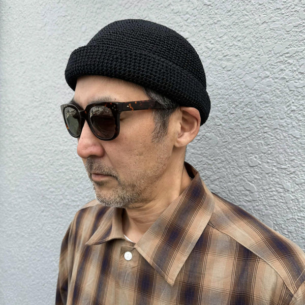 RACAL - LINEN TOUCH COTTON HAND KNIT ROLL CAP - BLACK