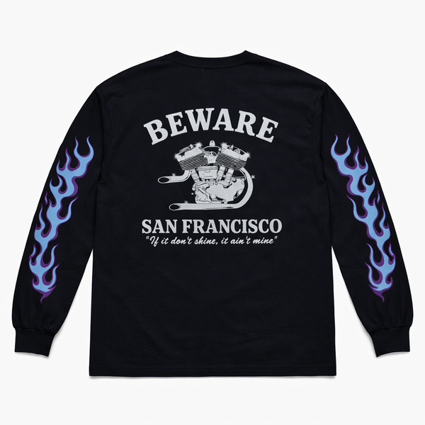 BEWARE CHOPPER - GRAPHIC FLAMES L/S TEE - BLACK / BULE