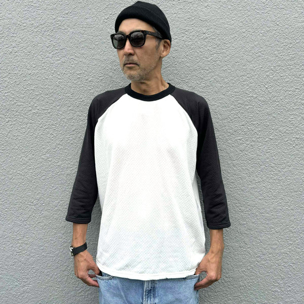 melple - GRID BASEBALL 4/5 SLEEVE - WHITE-BLACK