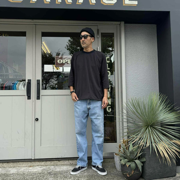 melple - GRID BASEBALL 4/5 SLEEVE - BLACK-BLACK