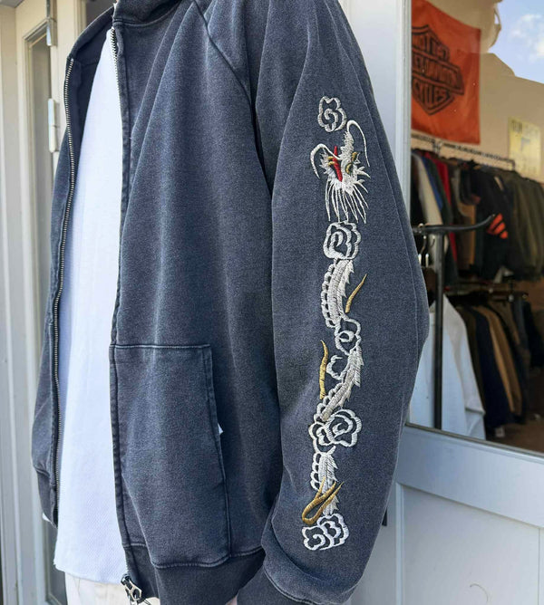 THRIFTY LOOK - EMBROIDERY ZIP-UP PARKA - BLACK