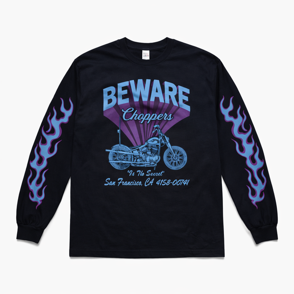 BEWARE CHOPPER - GRAPHIC FLAMES  L/S TEE - BLACK / BULE