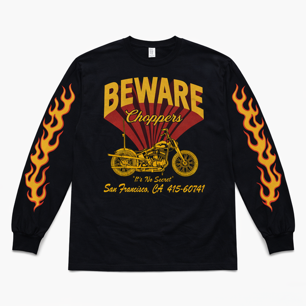 BEWARE CHOPPER - GRAPHIC FLAMES  L/S TEE - BLACK / ORANGE