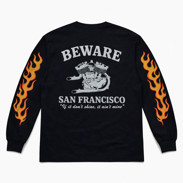 BEWARE CHOPPER - GRAPHIC FLAMES  L/S TEE - BLACK / ORANGE