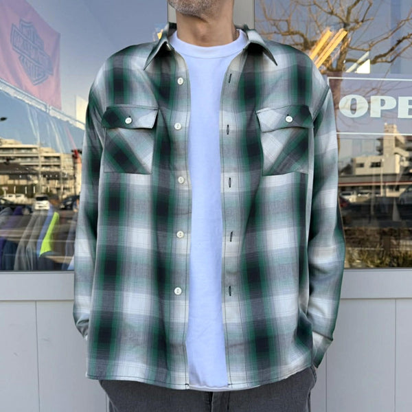 BIGMIKE - RAYON MIX OMBRE L/S SHIRTS - WHITE × GREEN x BLACK